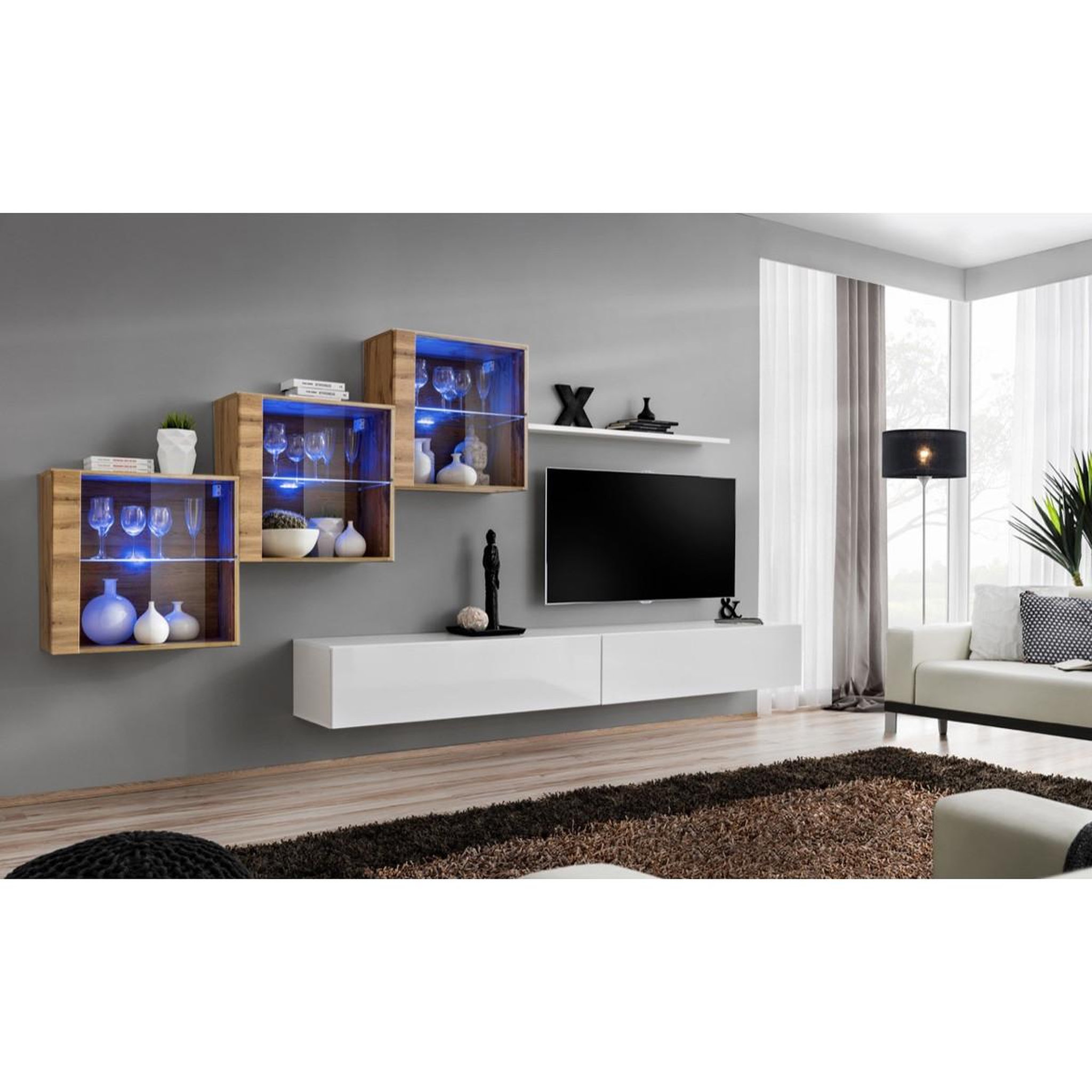 Voir la diapositive 2 : Paris Prix Meuble tv mural design  switch xx  330cm blanc & naturel