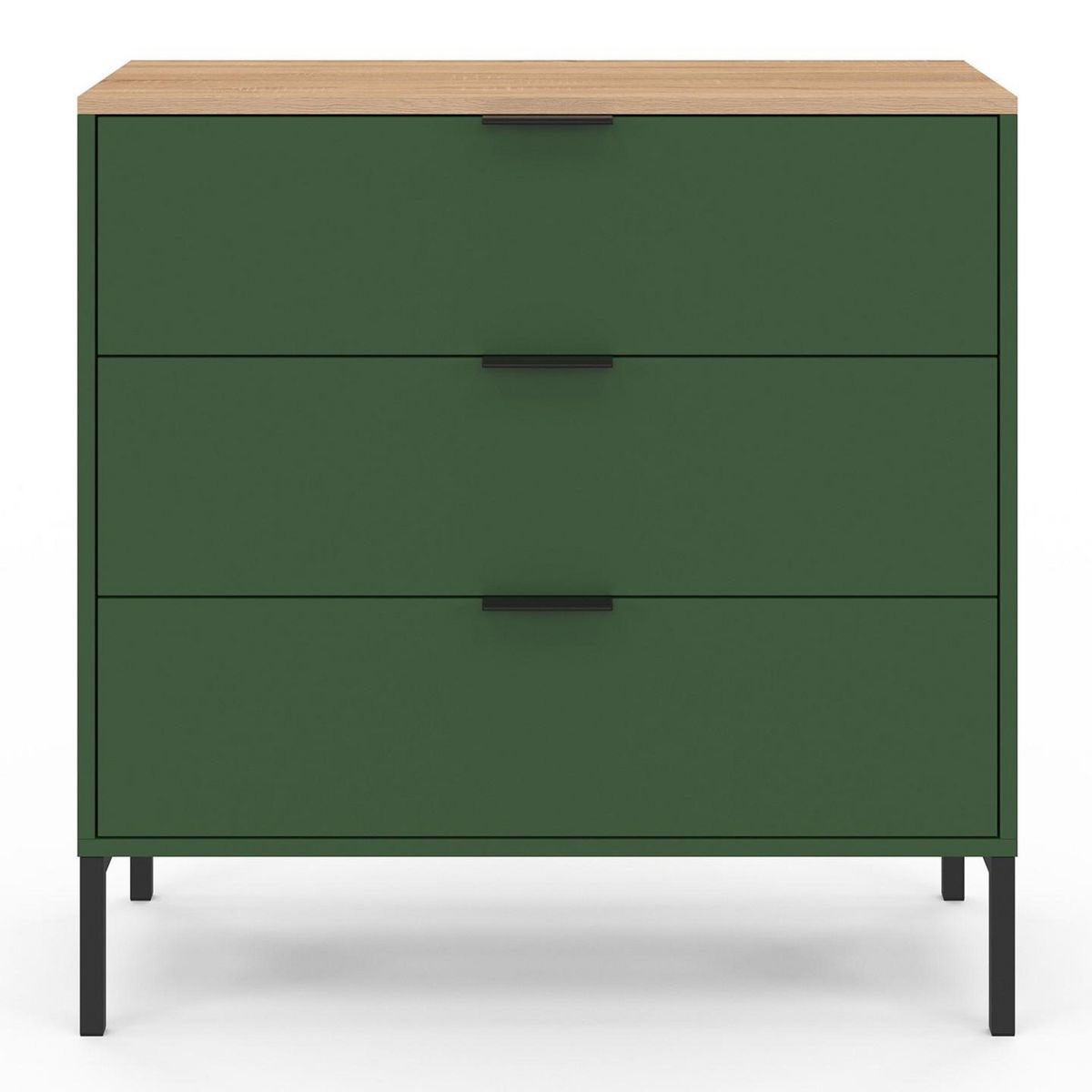 ID MARKET Commode 3 tiroirs KELIA 80 cm vert kaki et plateau bois