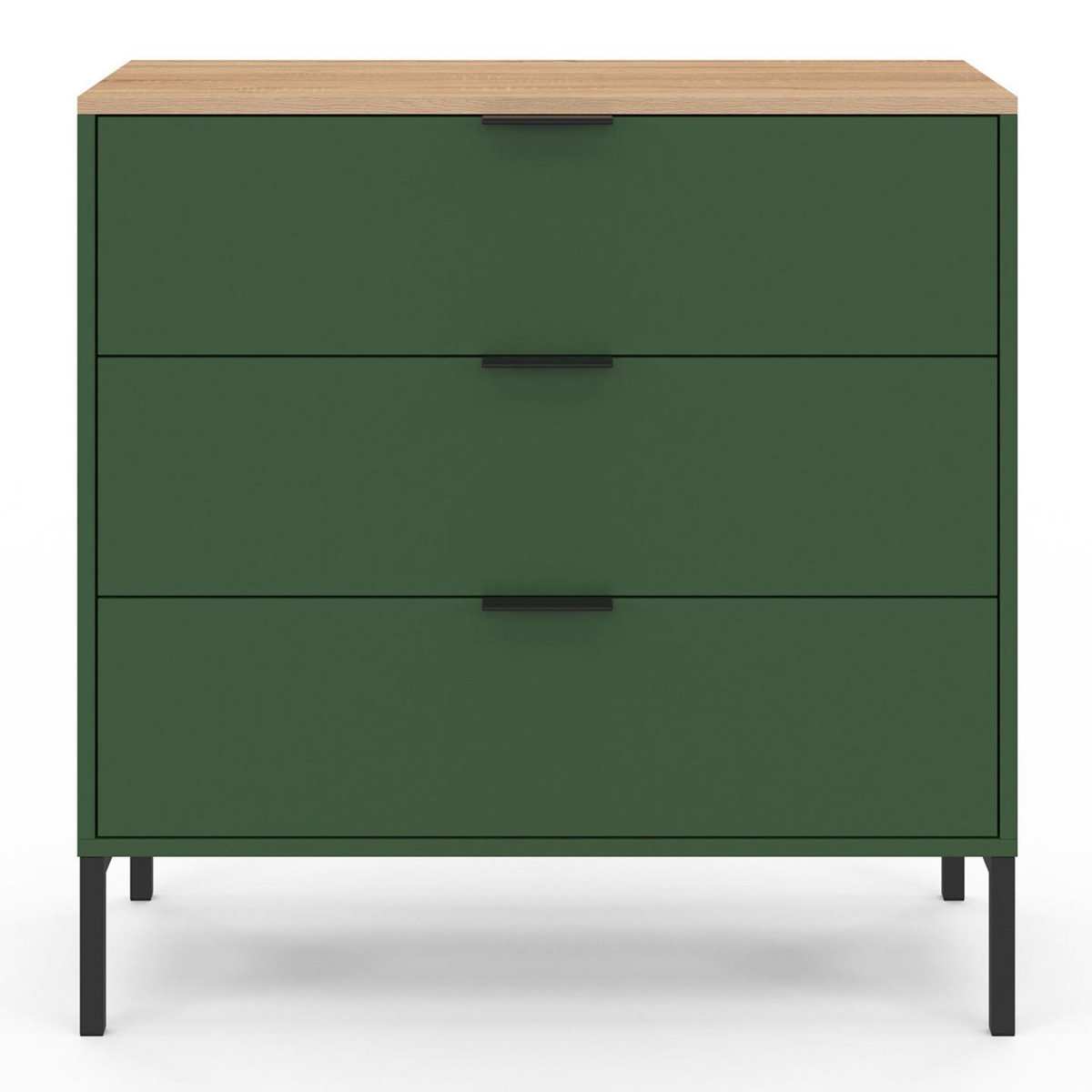 ID MARKET Commode 3 tiroirs KELIA 80 cm vert kaki et plateau bois