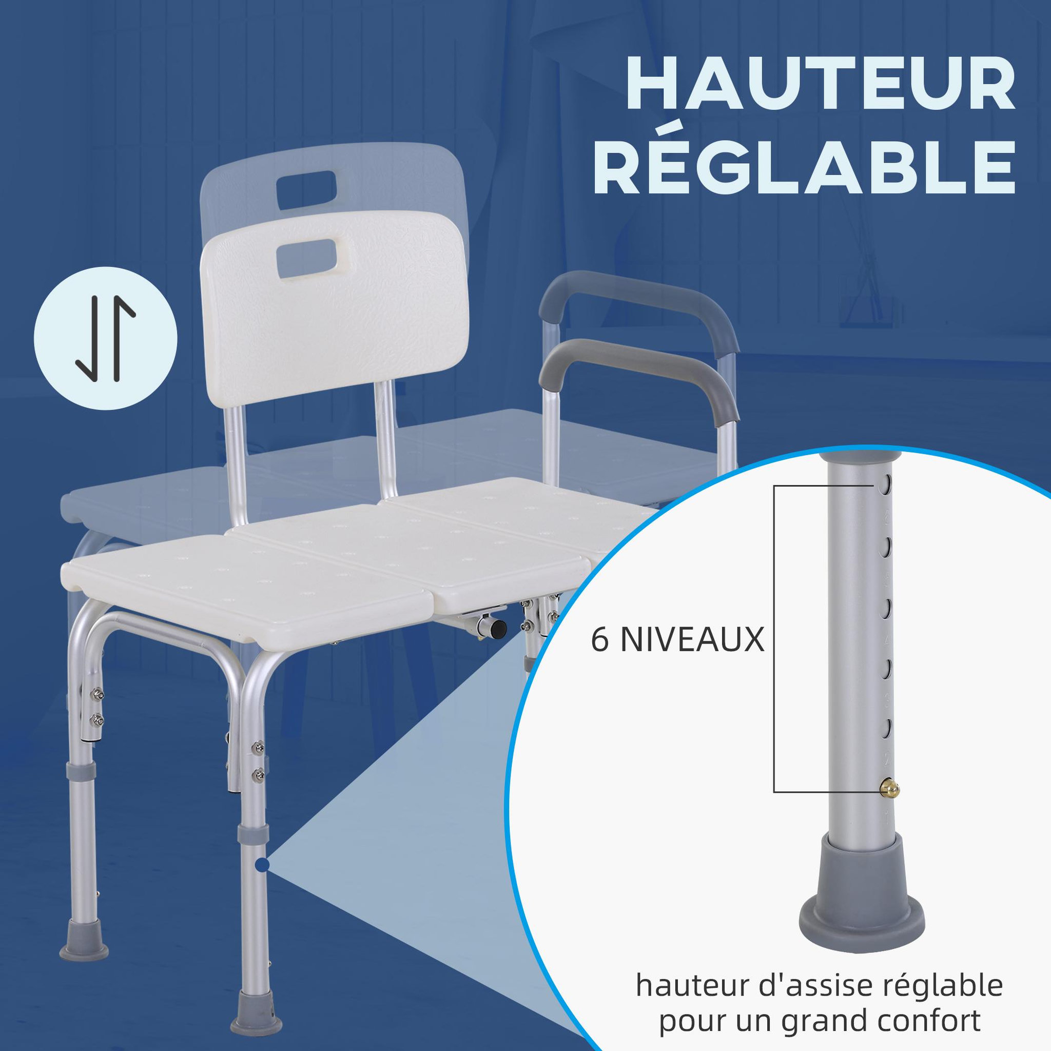 Voir la diapositive 6 : HOMCOM Chaise de douche siège de douche ergonomique hauteur réglable pieds antidérapants charge max. 136 kg alu. Hdpe blanc