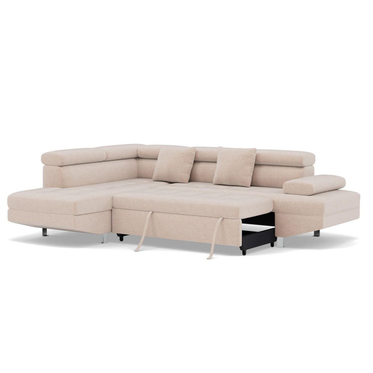 BEST MOBILIER Margaux - canapé d'angle gauche 5 places convertible avec coffre et têtières réglables en velours texturé