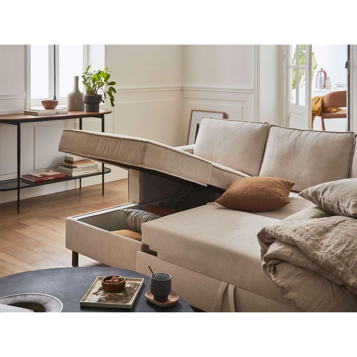 LISA DESIGN Jake - canapé panoramique en u - 7 places - convertible avec coffre - en velours côtelé