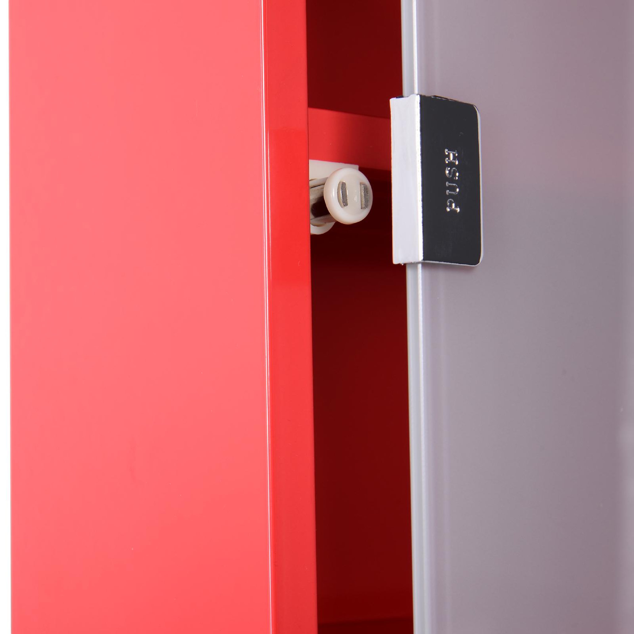 Voir la diapositive 6 : HOMCOM Armoire à pharmacie 3 étagères 4 niveaux verrouillable porte verre trempé dépoli logo croix 30l x 12l x 60h cm acier inox rouge