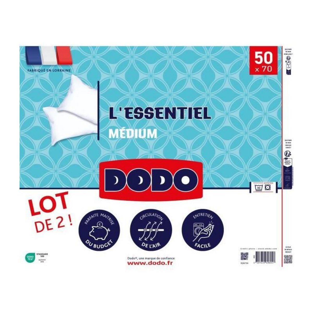 DODO DODO Lot de 2 Oreillers Médium - L'ESSENTIEL - 50x70 cm - 100% Polyester