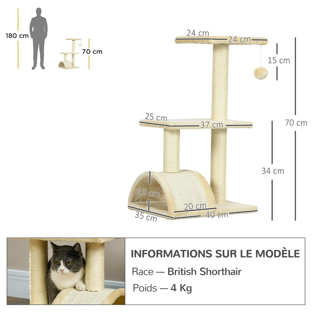 PAWHUT Arbre à chat griffoir grattoir design jeu boule suspendue 2 plateformes peluche sisal naturel crème