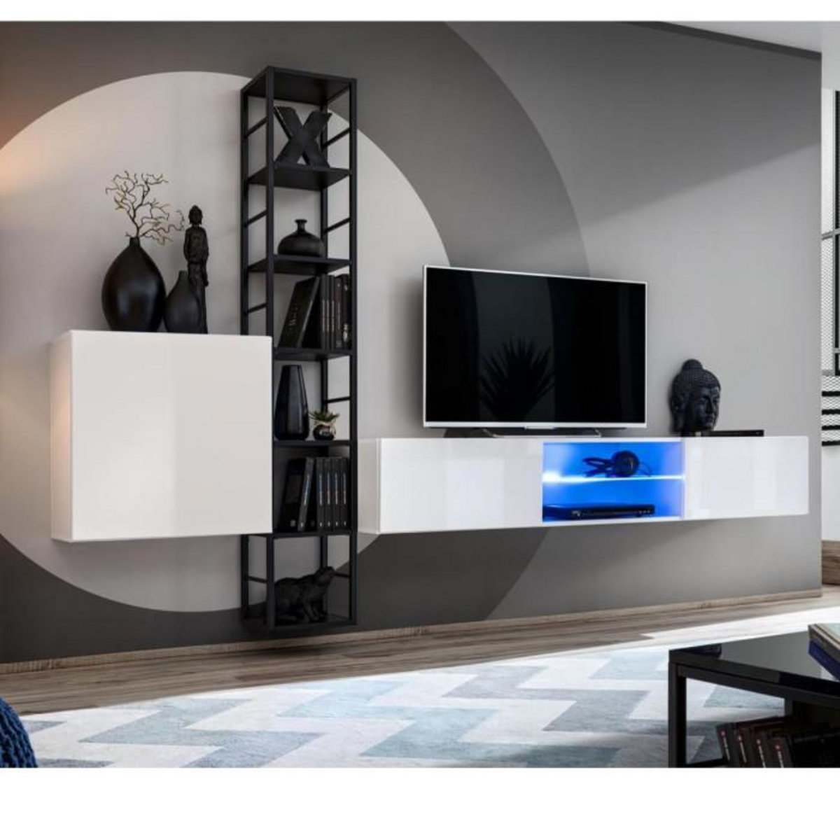 Paris Prix Ensemble Meuble TV Design  Switch VI  270cm Blanc & Noir