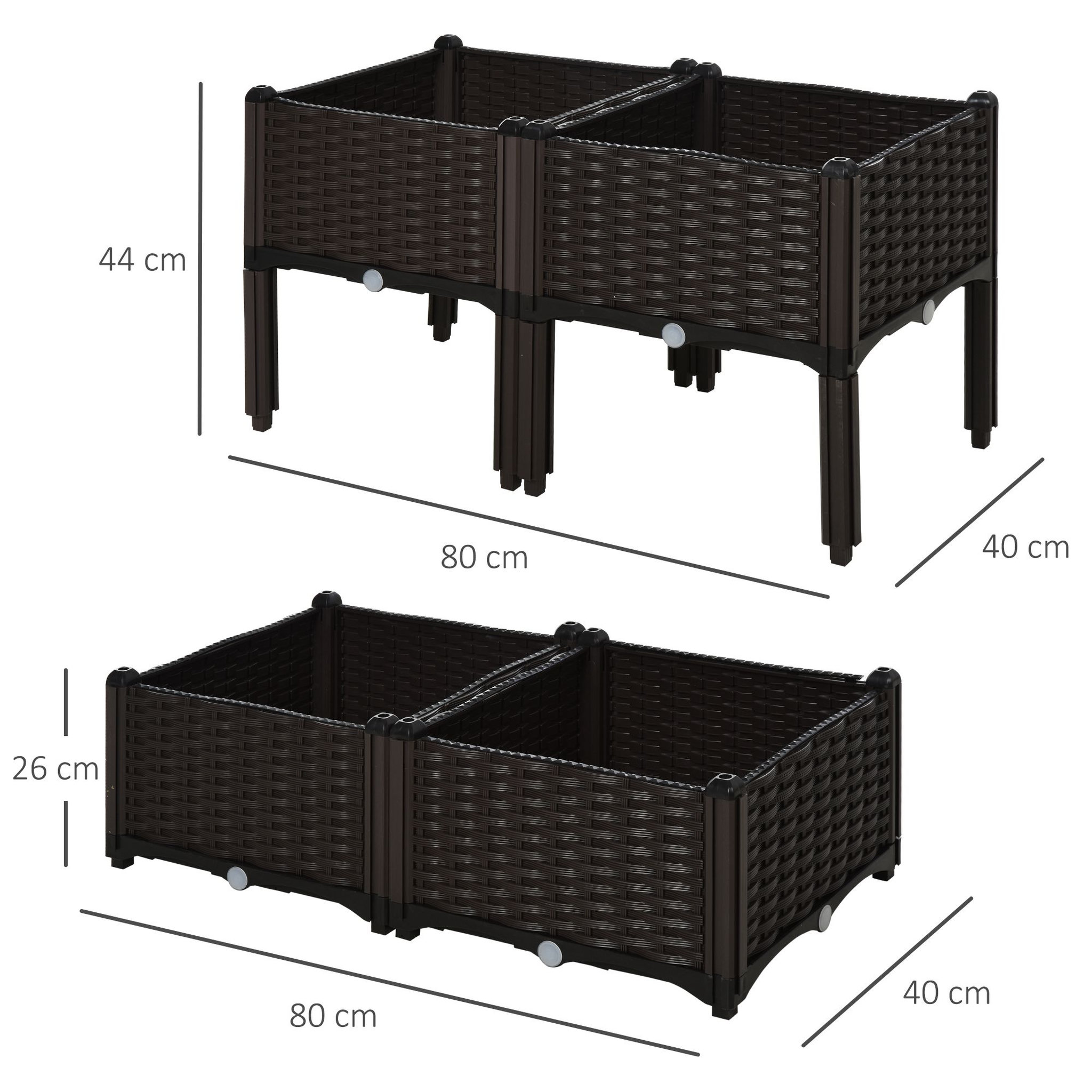 Voir la diapositive 3 : OUTSUNNY Jardinière sur pieds carré potager 2 étages dim. 80L x 80l x 44H cm insert d'irrigation plastique imitation rotin tressé chocolat