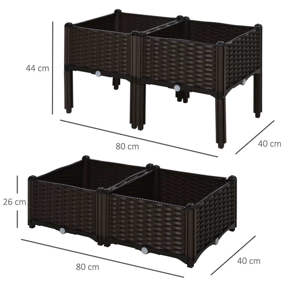 OUTSUNNY Jardinière sur pieds carré potager 2 étages dim. 80L x 80l x 44H cm insert d'irrigation plastique imitation rotin tressé chocolat