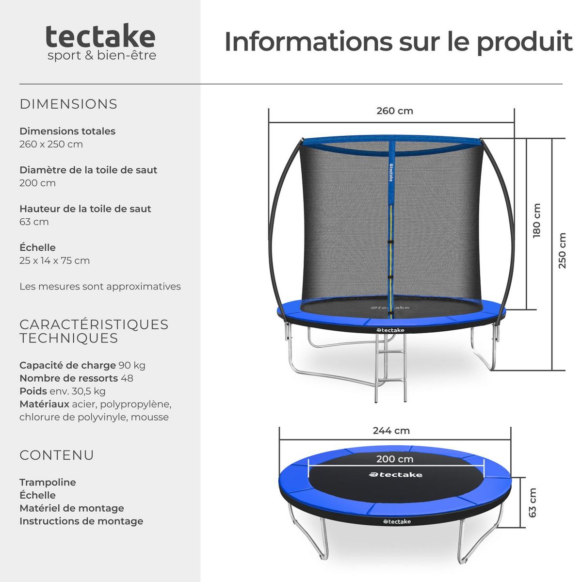 tectake Trampoline Ø 244 cm certifié GS noir/bleu