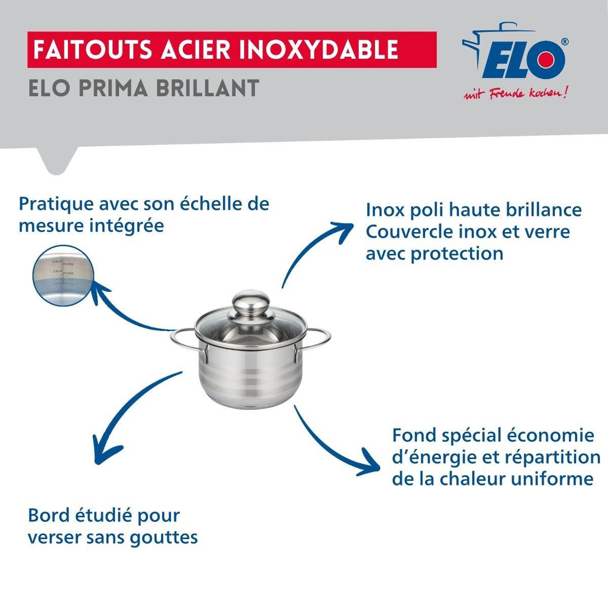 Voir la diapositive 3 : ELO Ensemble de 3 poêles de cuisson 20, 24 et 32 cm et 1 faitout 14 cm elo prima brillant