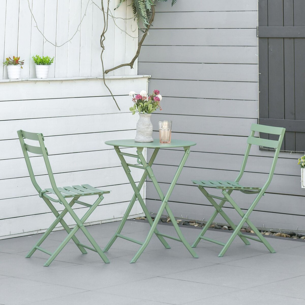 OUTSUNNY Salon de jardin bistro pliable - table ronde Ø 60 cm avec 2 chaises pliantes - métal thermolaqué vert d'eau