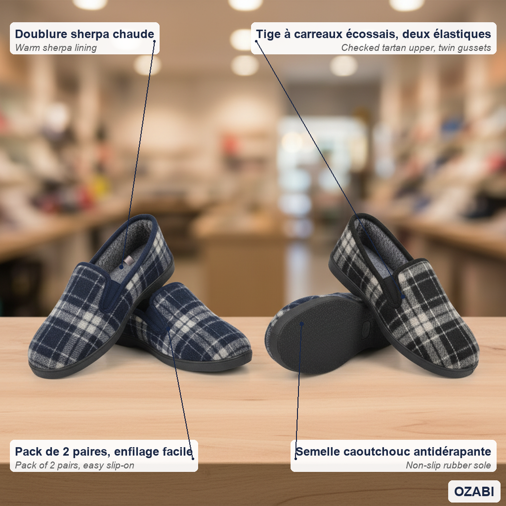 Voir la diapositive 5 : OZABI Ozabi pantoufles charentaises homme pack de 2 paires semelle antidérapante