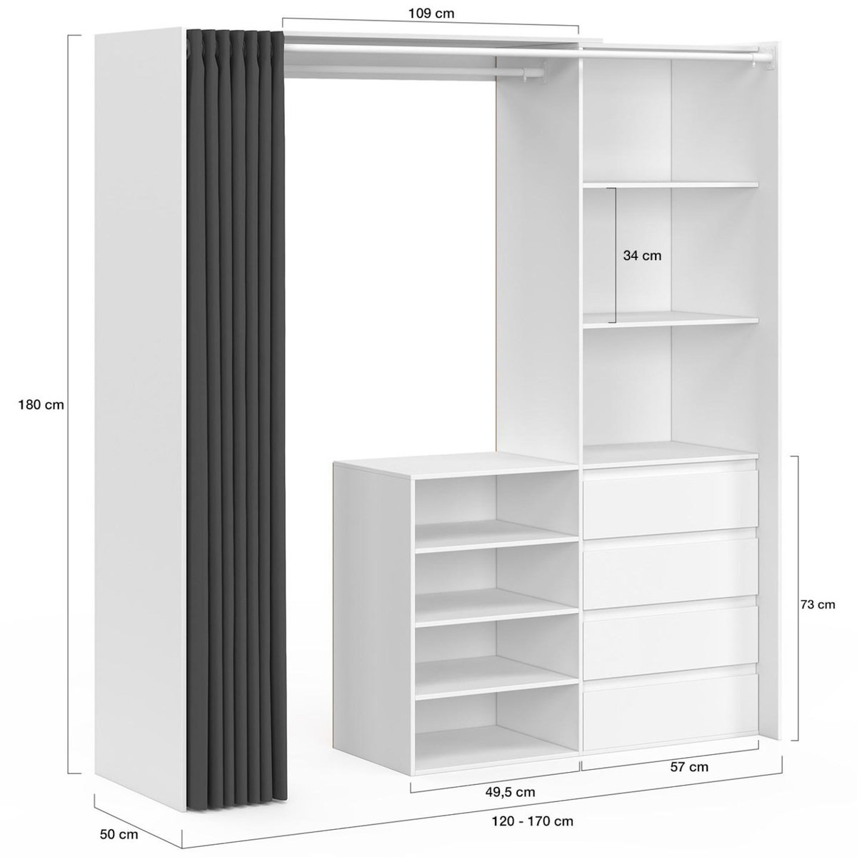 ID MARKET Dressing extensible XXL MARTY 120/170 x 50 x 180 cm blanc avec 4 tiroirs + étagères + penderie + rideau gris