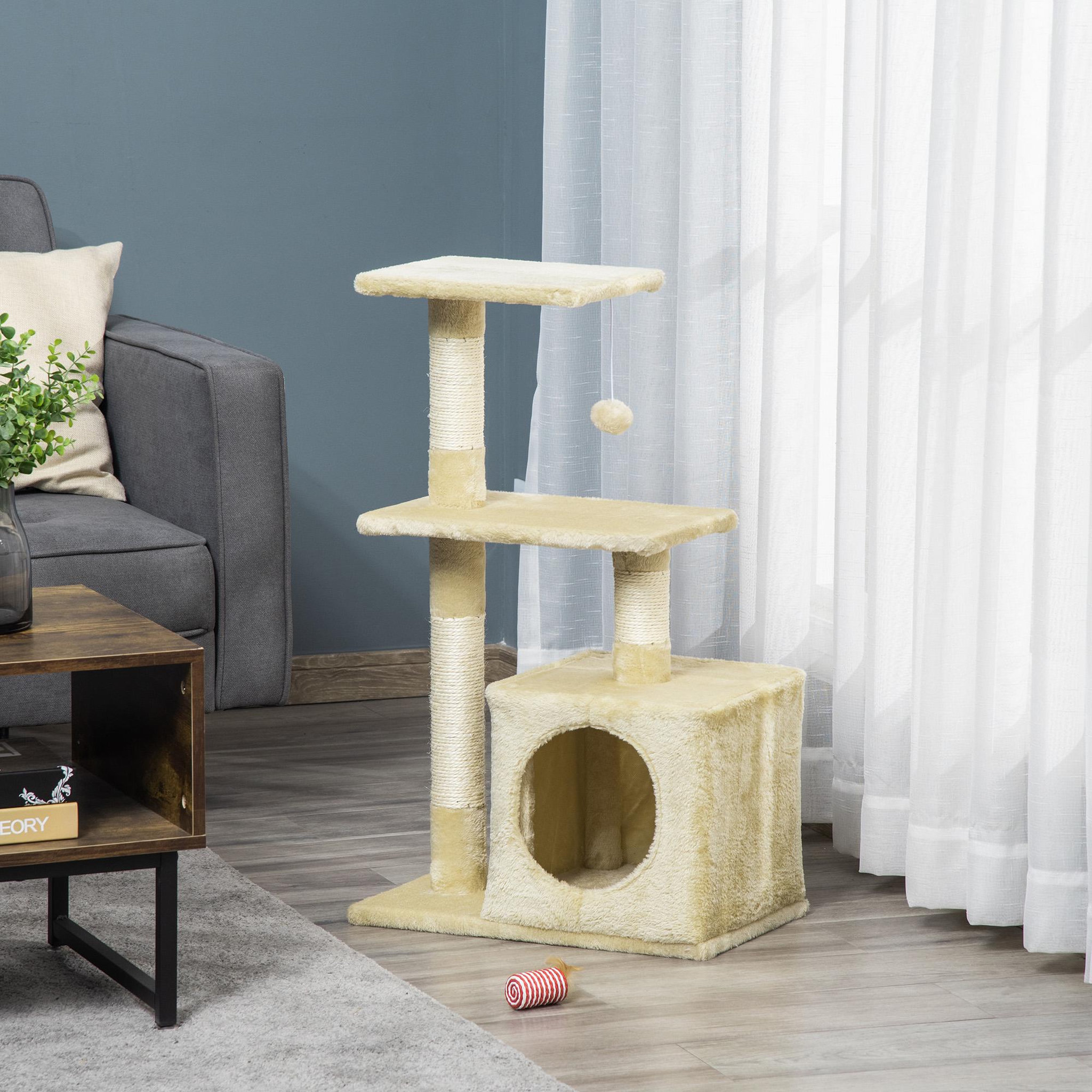 Voir la diapositive 2 : PAWHUT Arbre à chat h.81cm niche 3 griffoirs 2 plateformes jeu boule suspendue beige