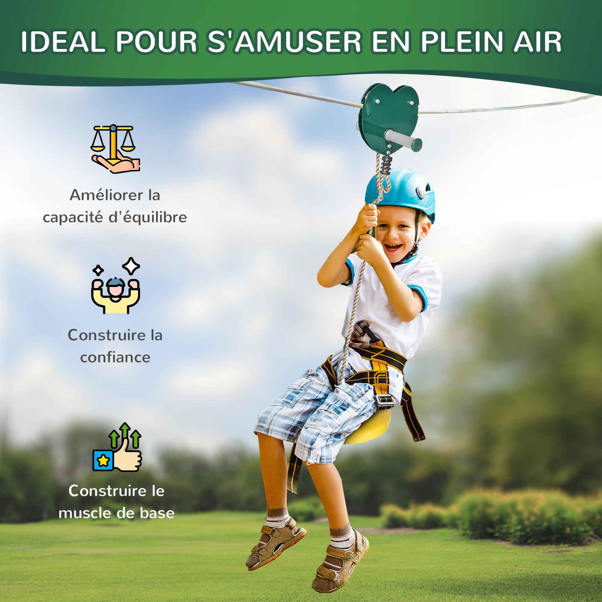 Voir la diapositive 6 : OUTSUNNY Kit complet tyrolienne 25 m - câble épais, poulie, poignées antidérapantes, assise PE - accessoires inclus