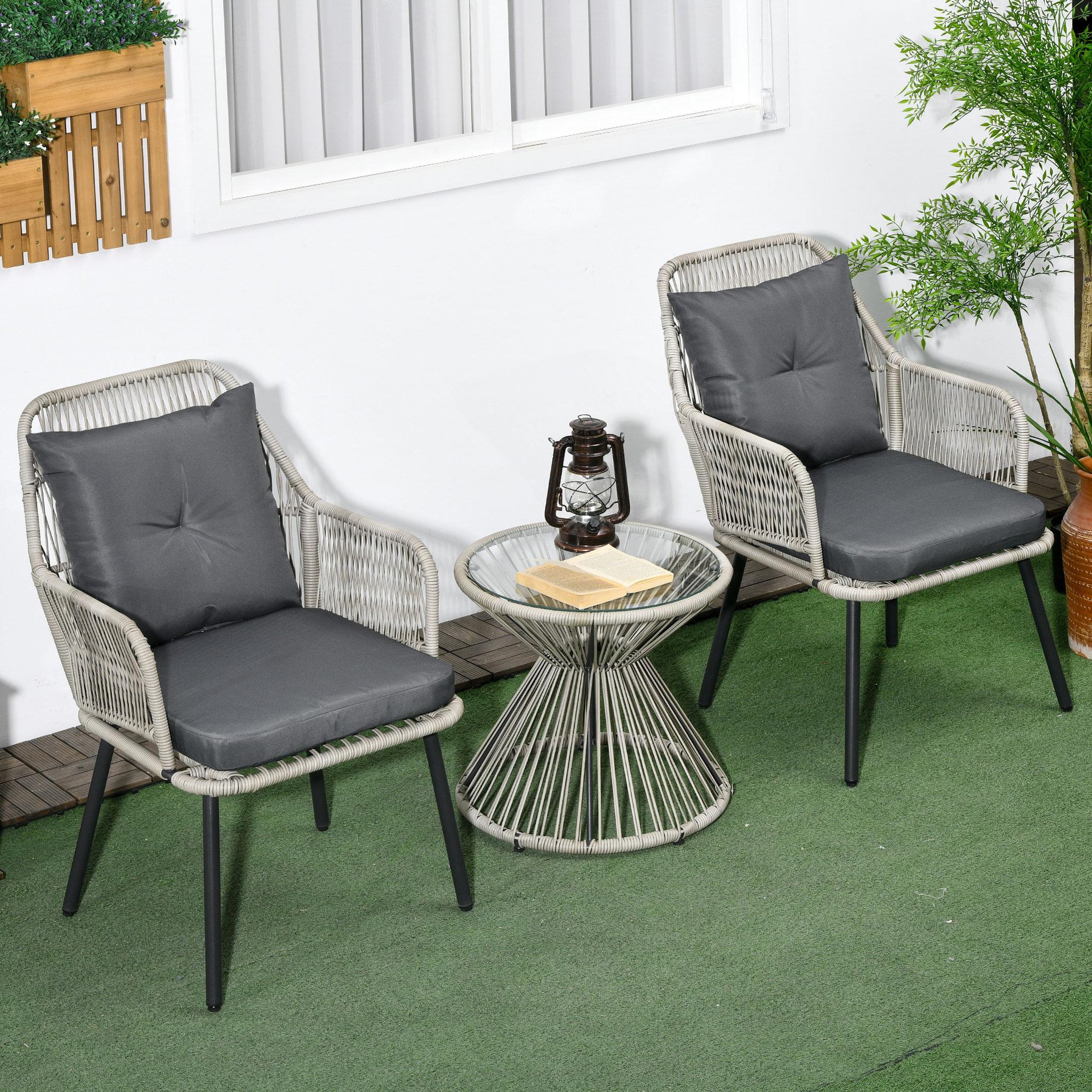 Voir la diapositive 2 : OUTSUNNY Ensemble salon de jardin 3 pièces style colonial 2 fauteuils coussins table basse acier époxy noir résine filaire gris