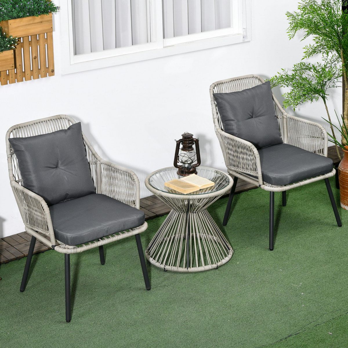 OUTSUNNY Ensemble salon de jardin 3 pièces style colonial 2 fauteuils coussins table basse acier époxy noir résine filaire gris