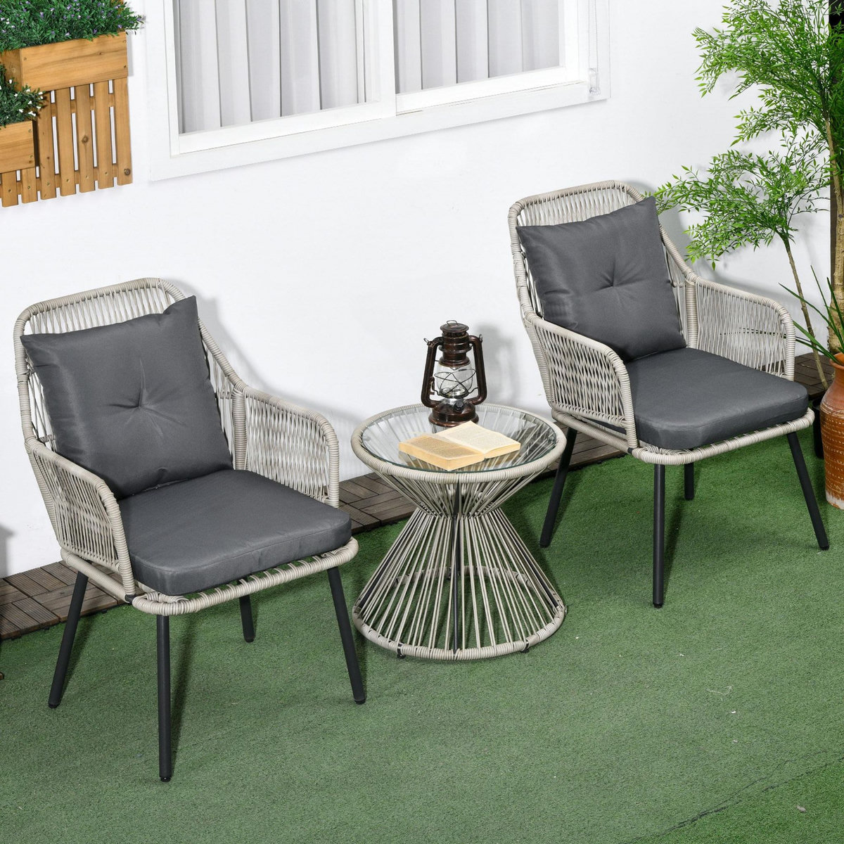 OUTSUNNY Ensemble salon de jardin 3 pièces style colonial 2 fauteuils coussins table basse acier époxy noir résine filaire gris
