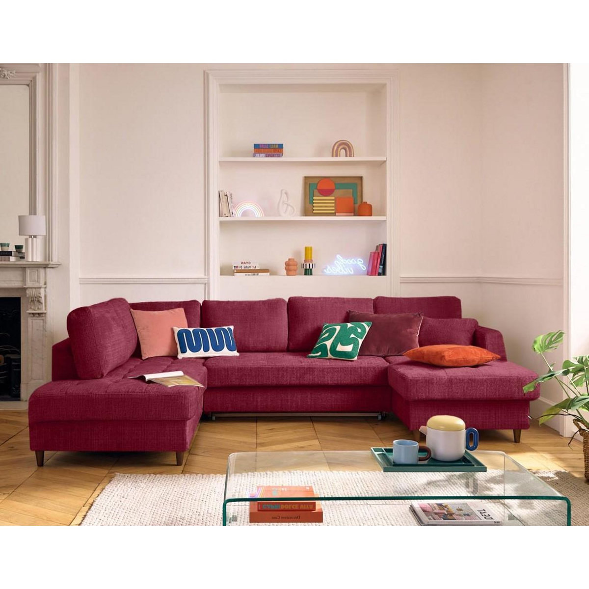 LISA DESIGN Anna - canapé panoramique d'angle gauche 7 places convertible avec coffre en velours texturé