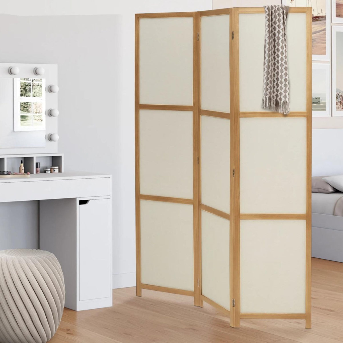 ID MARKET Paravent intérieur bois et tissu beige