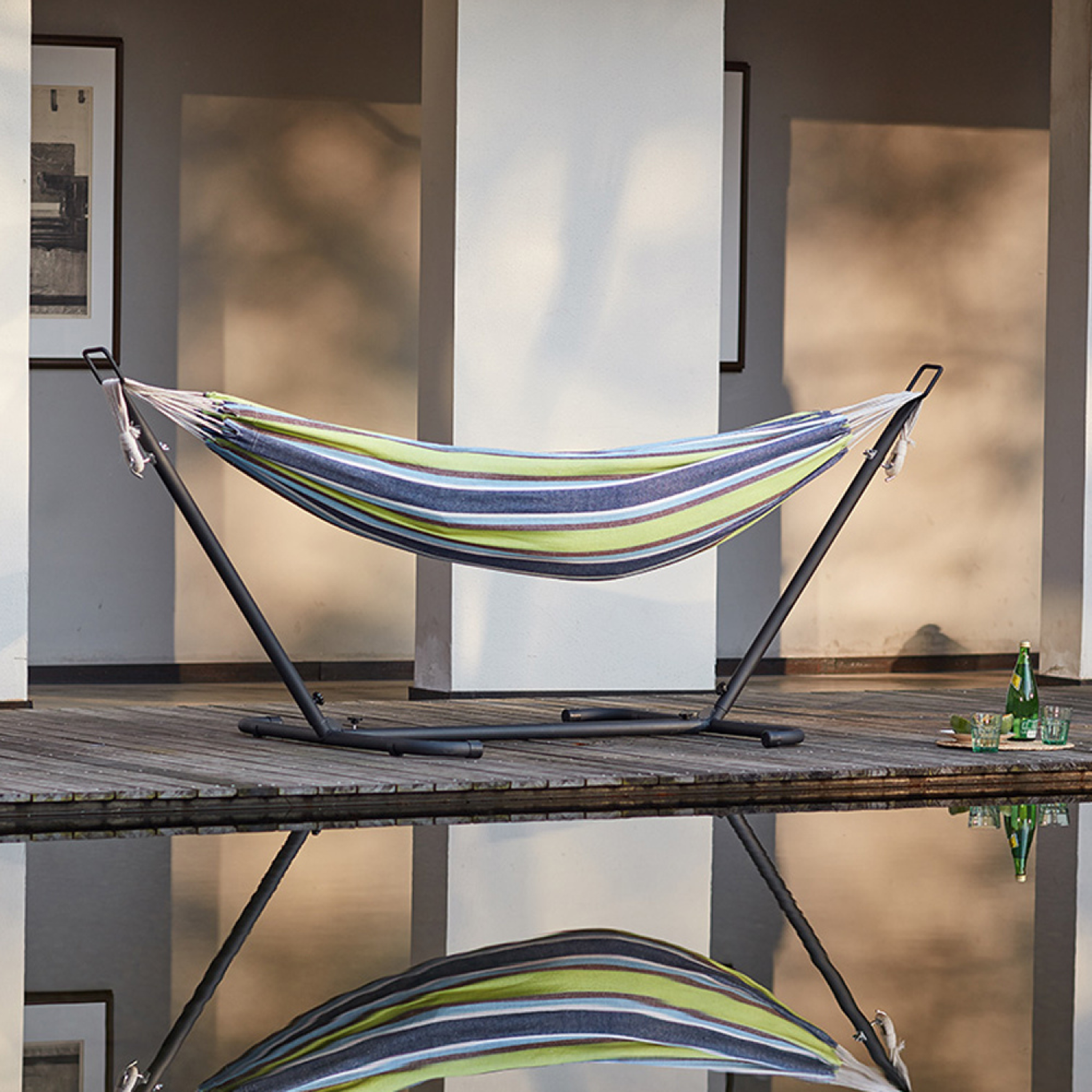 Voir la diapositive 5 : CONCEPT USINE Hamac sur pied 26 m avec toile en polyester bleu et vert copacabana