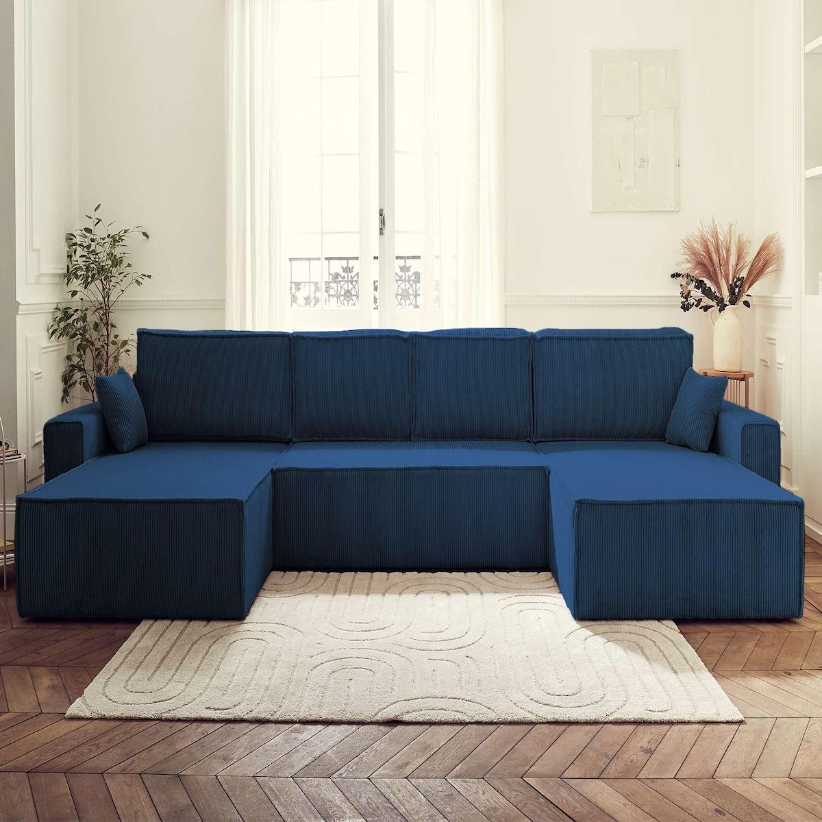 BEST MOBILIER Dellia - canapé panoramique en u - 7 places - convertible - avec coffre - en velours côtelé