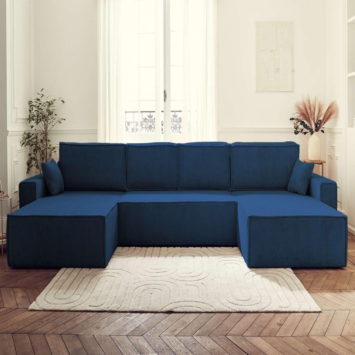 BEST MOBILIER Dellia - canapé panoramique en u - 7 places - convertible - avec coffre - en velours côtelé