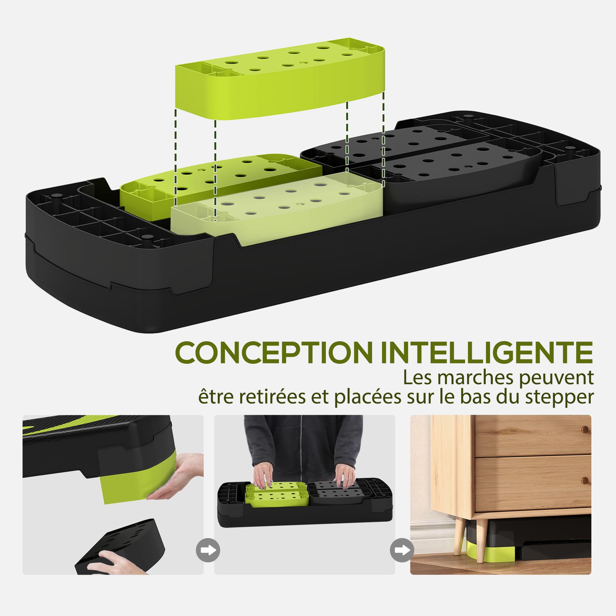 Voir la diapositive 5 : HOMCOM Stepper fitness aérobic hauteur réglable surface antidérapante 80 x 31 x 20 cm noir vert