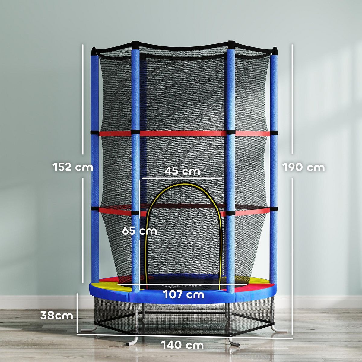 HOMCOM Trampoline enfant Ø140 cm max. 45 Kg - filet sécurité, porte zippée, 6 poteaux rembourrés - multicolore