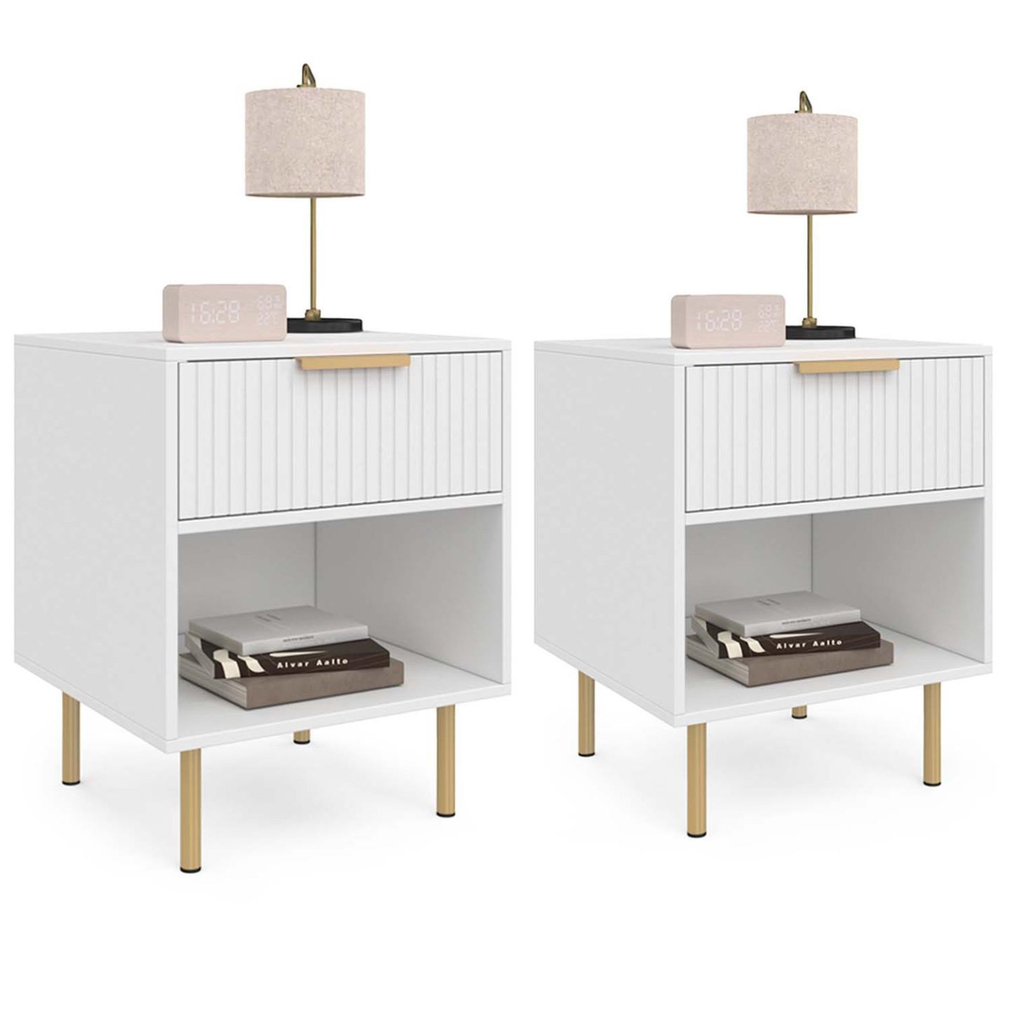 ID MARKET Lot de 2 tables de chevet MARCEL 1 tiroir avec niche effet lattes blanc et doré