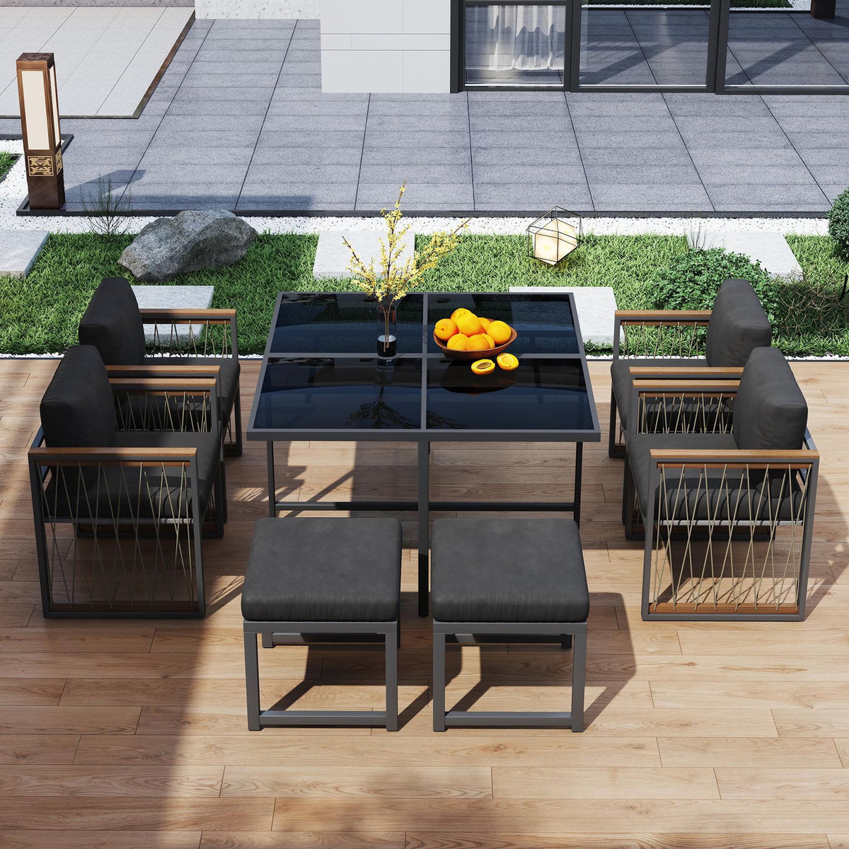 MERAX Salon de jardin 6 places avec table carrée, 4 fauteuils et 2 poufs