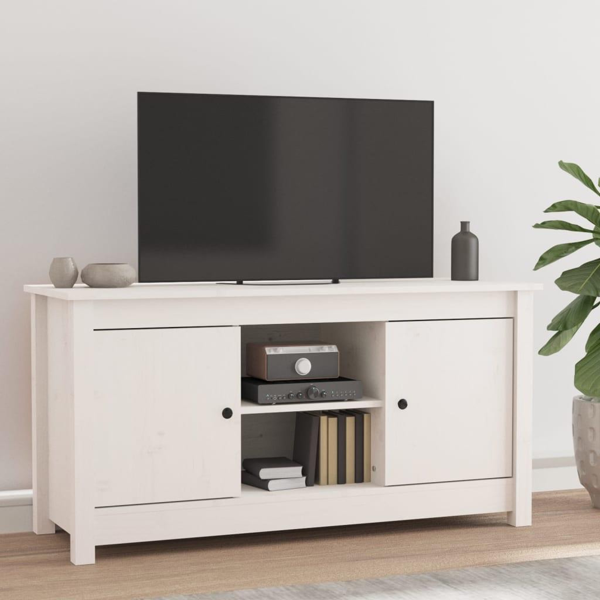 Voir la diapositive 1 : VIDAXL Meuble TV Blanc 103x36,5x52 cm Bois de pin massif