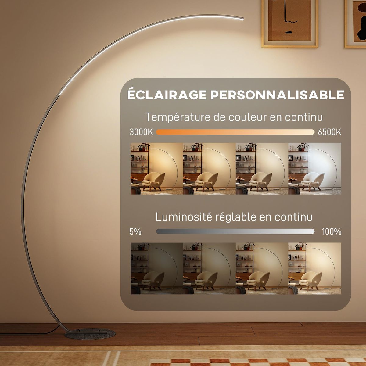 HOMCOM Lampadaire arc LED dimmable réglable 30W H.172 cm avec télécommande acier gris