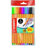 STABILO Pochette de 12 stylos feutres pointe fine Point 88 coloris assortis avec 2 exemplaires noirs