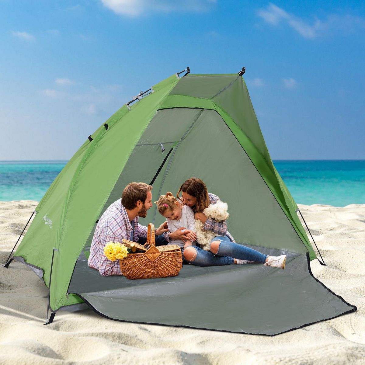 OUTSUNNY Tente de plage abri de plage pliable dim. 2,30L x 1,40l x 1,27H m fenêtre sac transport inclu polyester vert