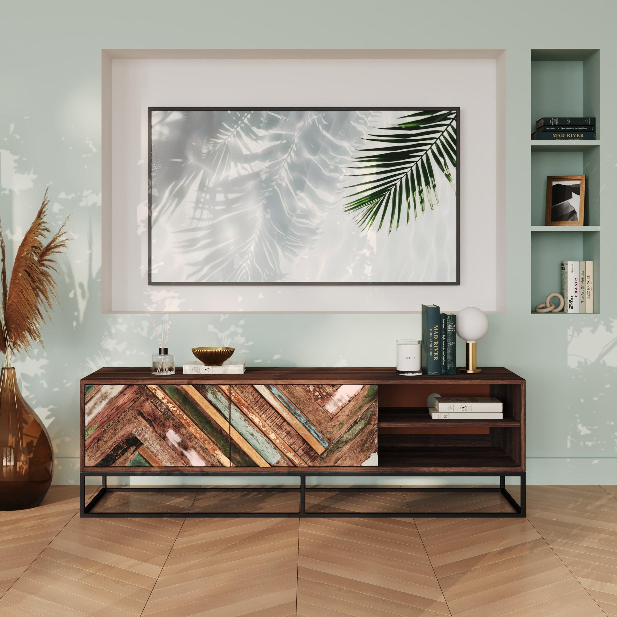 Voir la diapositive 2 : MAISON PAVANE Meuble tv en bois d'acacia et bois recyclé 145 cm-krabi