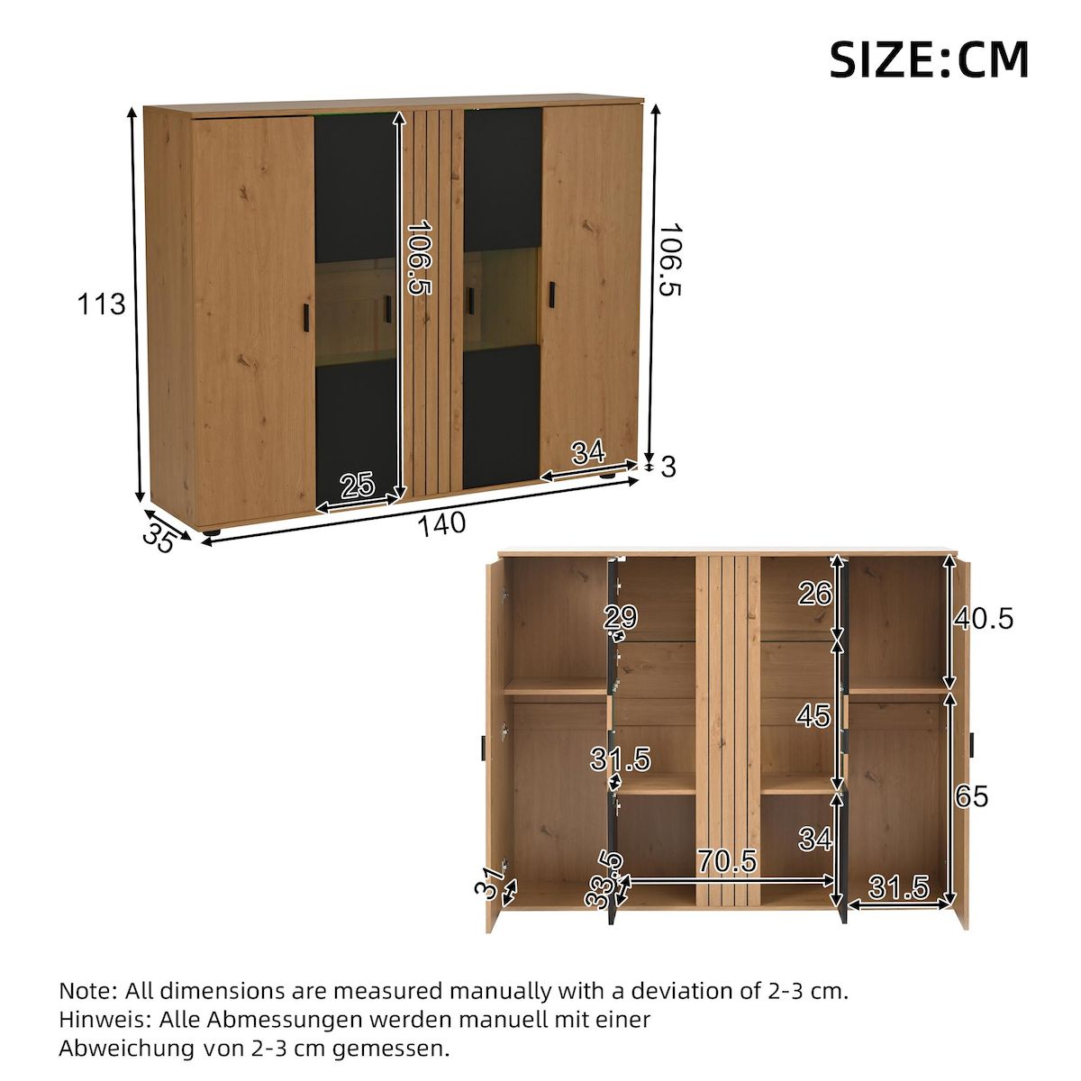MERAX Buffet 4 porte(s) 0 tiroir(s) - 140 cm naturel+noir led panneau de particules