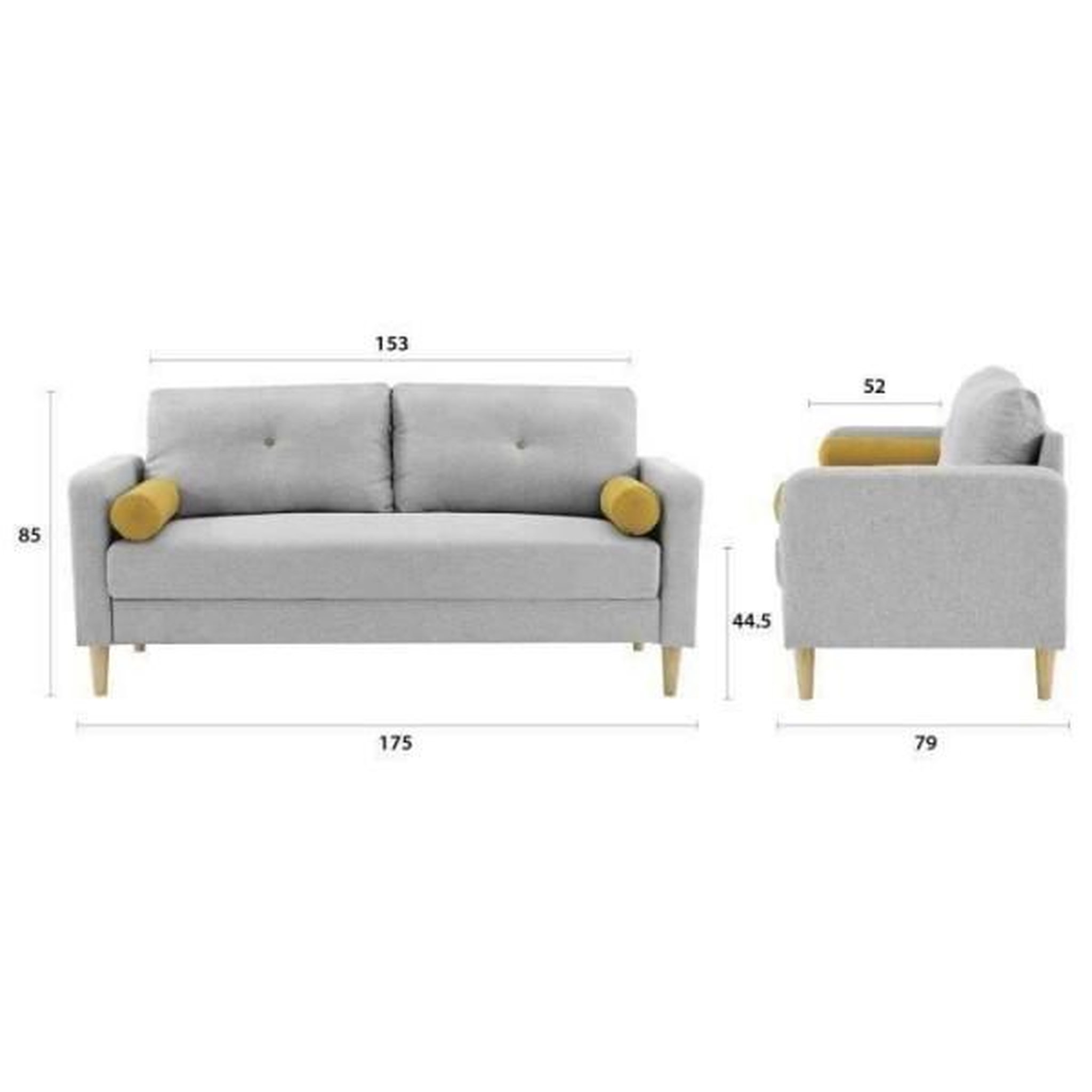 Voir la diapositive 4 : MARKET24 Canapé 3 places + 2 coussins - Tissu Gris clair - L 175 x P 80 x H 85 cm - COPENHAGUE
