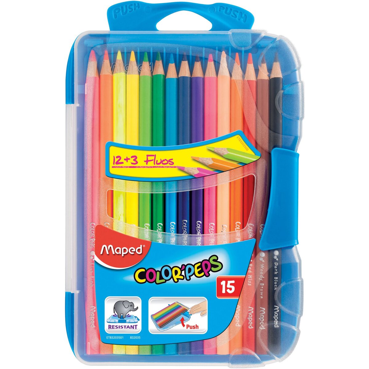 MAPED Boite de 15 crayons de couleur dont 3 fluos - coloris bleu