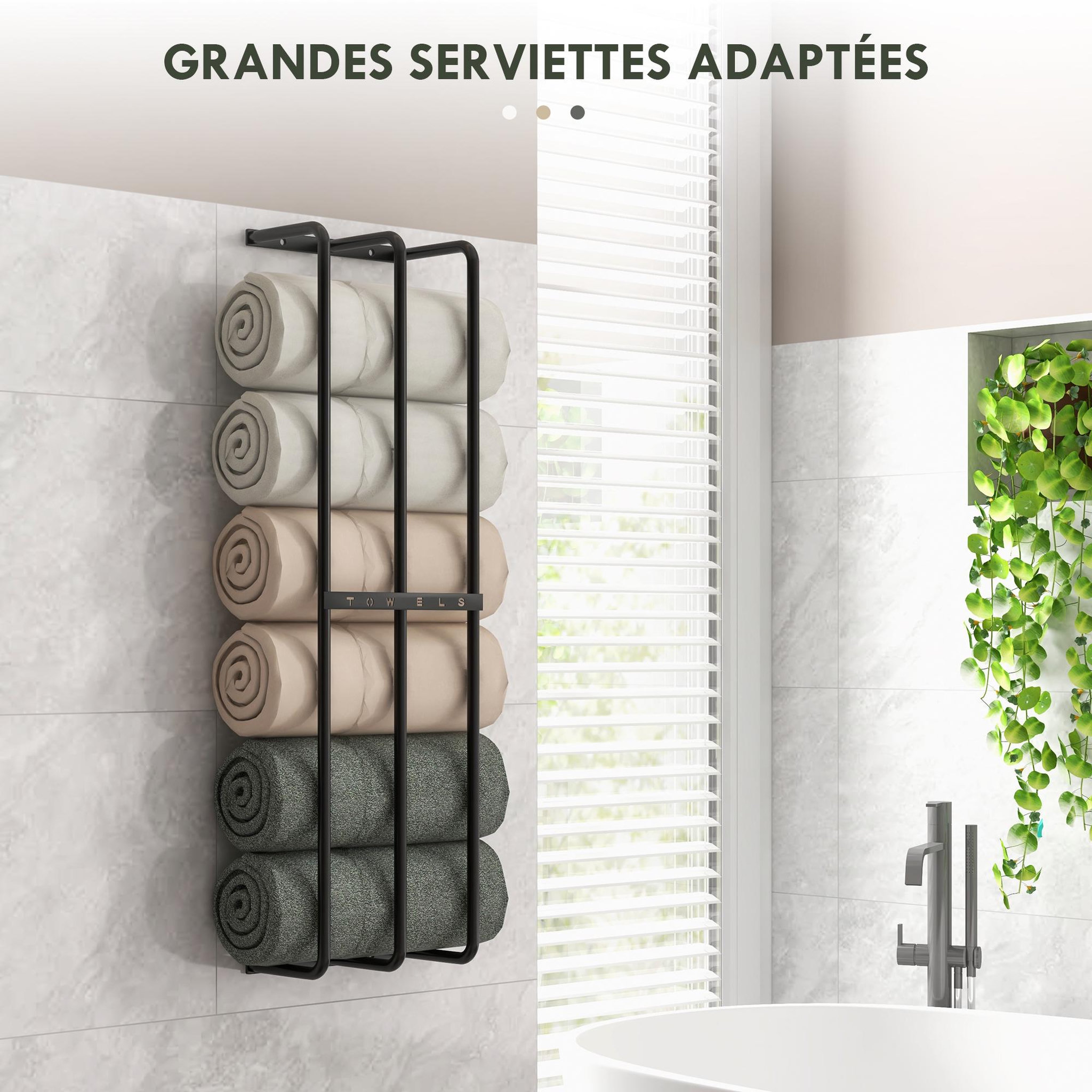 Voir la diapositive 5 : HOMCOM Porte-serviettes mural 3 barres - 6 serviettes max. - dim. 21L x 12l x 74H cm - métal noir
