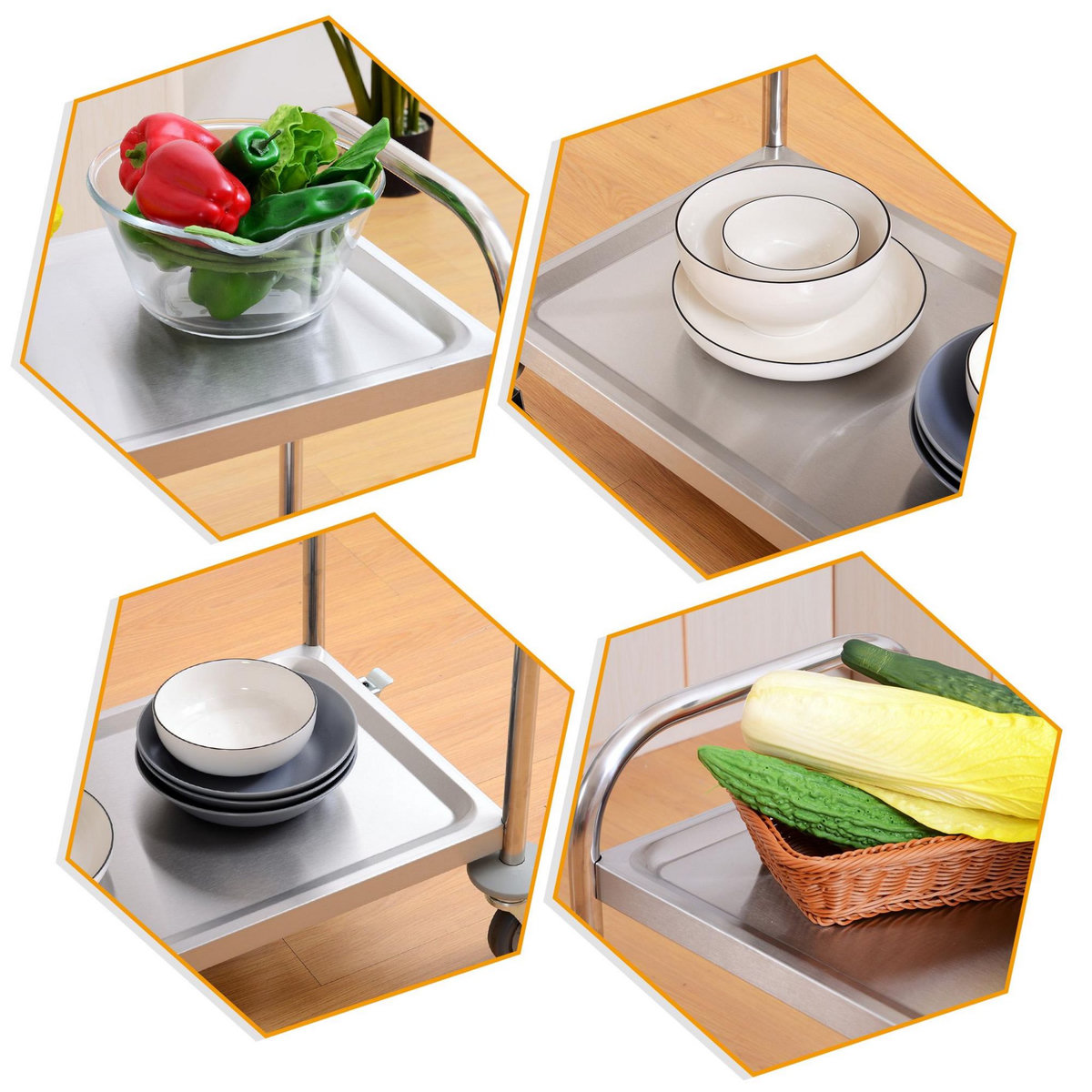 HOMCOM Chariot de service desserte de cuisine à roulettes 2 étagères / 3 étagères acier inox. Chromé