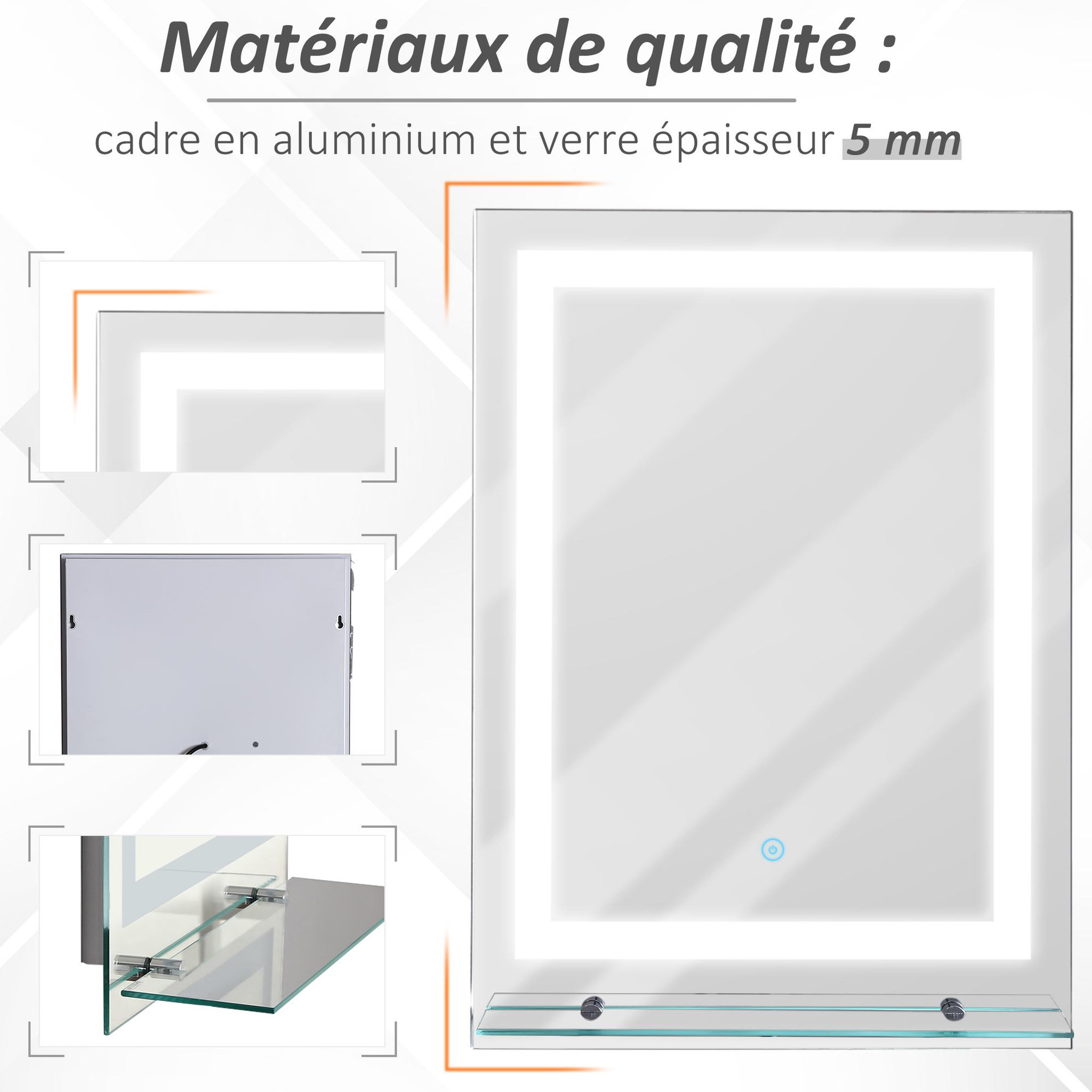 Voir la diapositive 6 : HOMCOM Miroir lumineux LED 22 W interrupteur tactile étagère intégrée 50L x 4l x 70H cm