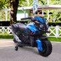 HOMCOM Moto électrique enfant 6 V 3 Km/h effet lumineux et sonore roulettes amovibles repose-pied valises latérales métal PP bleu noir