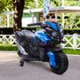 Voir la diapositive 2 : HOMCOM Moto électrique enfant 6 V 3 Km/h effet lumineux et sonore roulettes amovibles repose-pied valises latérales métal PP bleu noir
