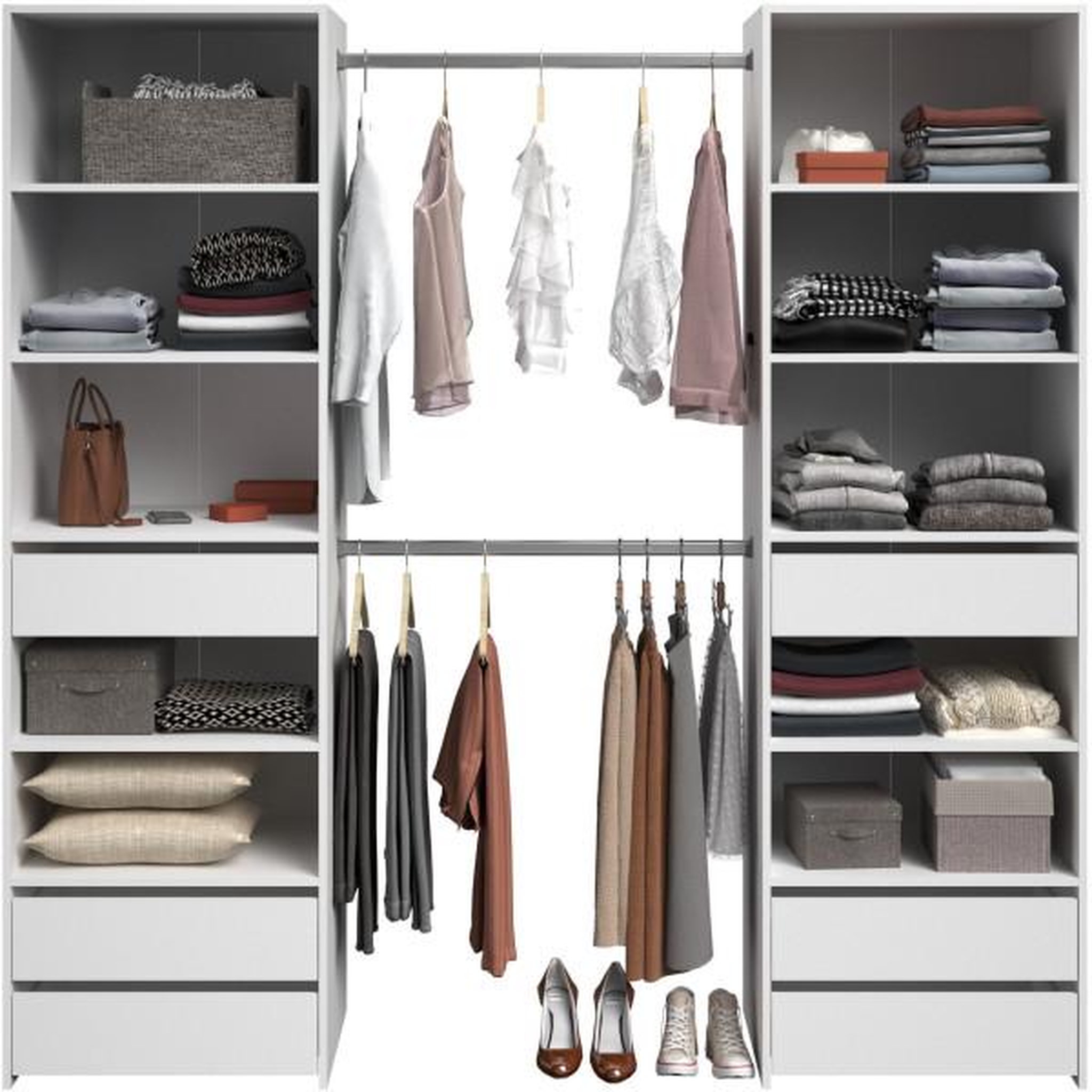 Voir la diapositive 5 : PARISOT Dressing - ANETO - Blanc - Double colonne - 6 tiroirs - 2 barres de penderie - L199,9 x H200 x P49,7 cm - PARISOT