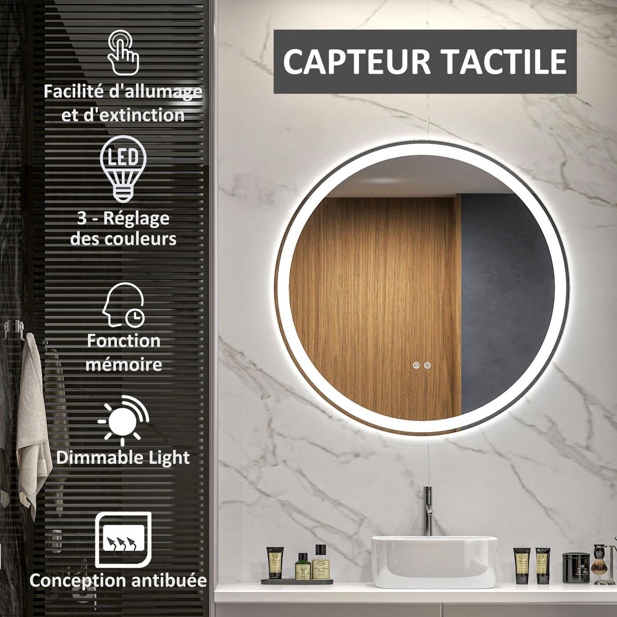 KLEANKIN Miroir rond lumineux LED de salle de bain Ø 80 cm mural avec éclairage 3 couleurs interrupteur tactile système antibuée 46W blanc argent