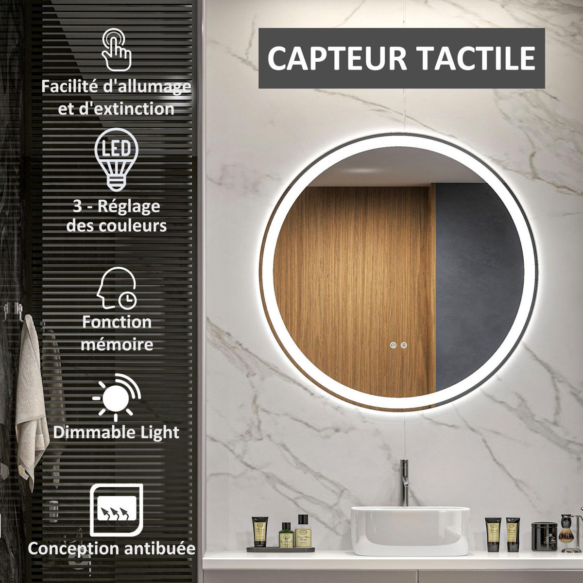 KLEANKIN Miroir rond lumineux LED de salle de bain Ø 80 cm mural avec éclairage 3 couleurs interrupteur tactile système antibuée 46W blanc argent