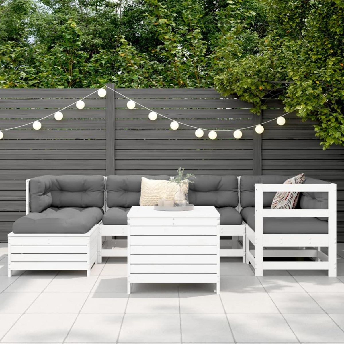 VIDAXL Salon de jardin 7 pcs blanc bois de pin massif