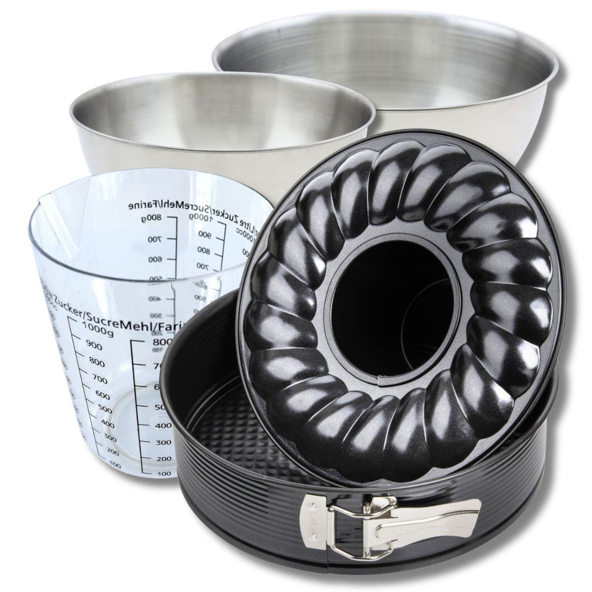 ZENKER Set pâtisserie avec moule à manqué et à savarin 28 cm, 2 bols à mixer, verre mesureur et spatule Zenker