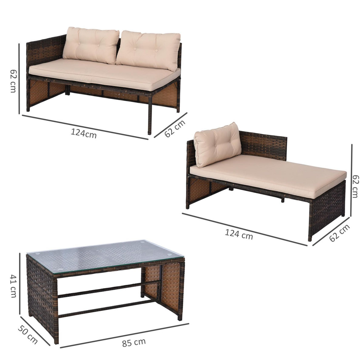 OUTSUNNY Ensemble salon de jardin 2 pièces canapé d'angle 4 places + table basse plateau verre trempé + 5 coussins résine tressée brun